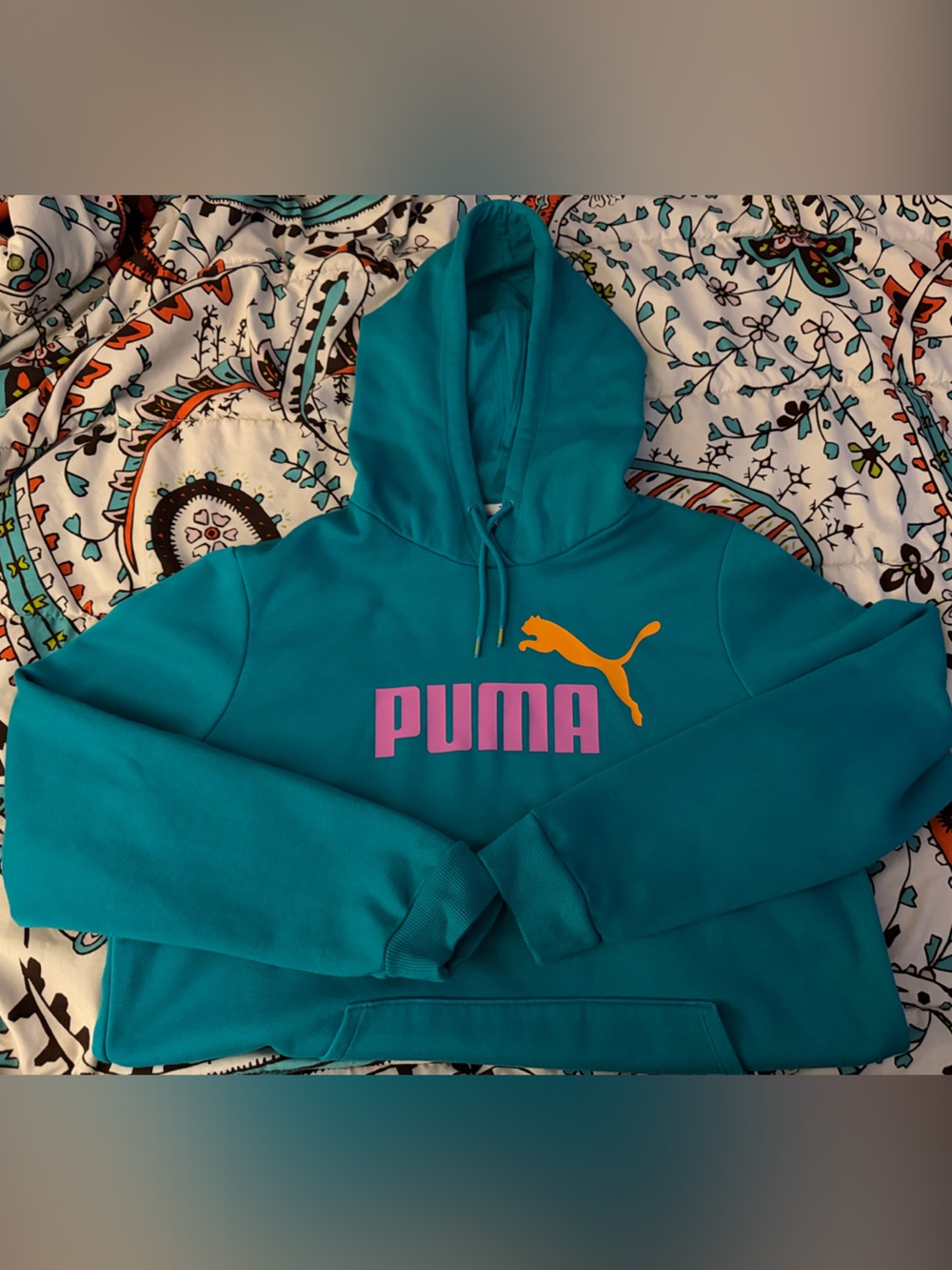 Puma Teal Hoodie with Pink Wordmark and Gold Cat Logo